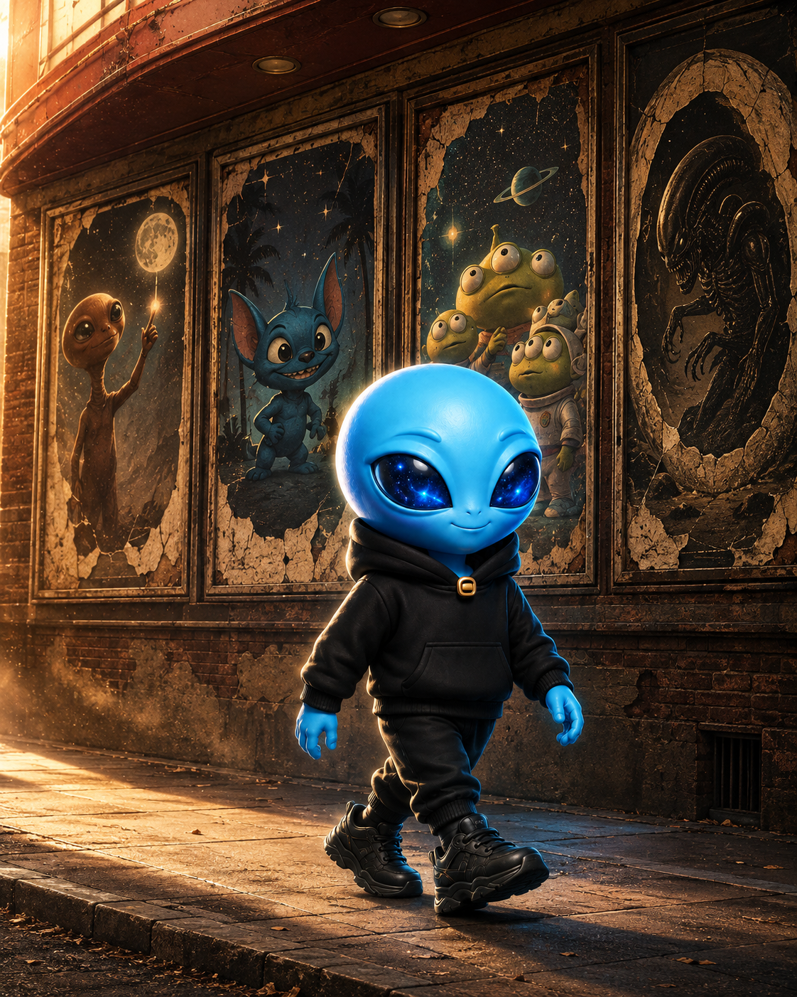 Monnie walking past Earth’s imagined alien icons