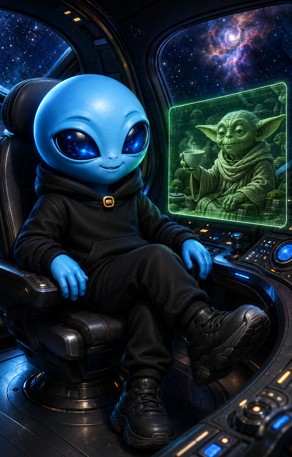 Monnie sharing a cosmic video call with an ancient friend